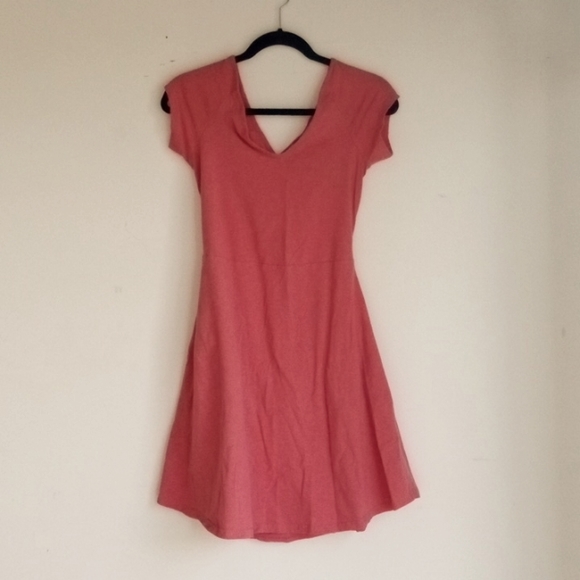 Pact Fit & Flare Crossback Mini Organic Cotton Dress in Coral with Pockets - Picture 1 of 5